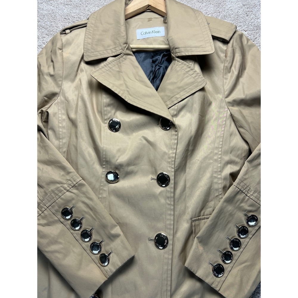 Calvin Klein Womens Tan Double Breasted Trench Coat Silver Buttons Size L